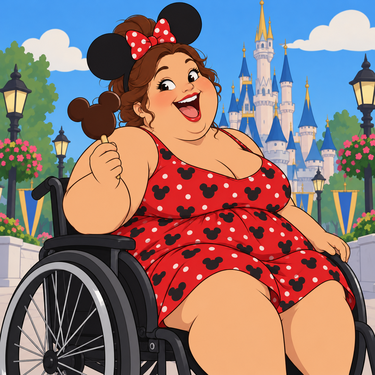 Cartoon Disney adult wearing mouse ears, holding a mouse ice cream and sitting in a wheelchair outside a castle